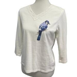 Hand Printed Upcycled Womens Medium Blue Jay Bird Long Sleeve 3/4 Sleeve Tee